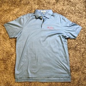 Peter Millar Mens Blue and Pink Stripe Golf Polo.